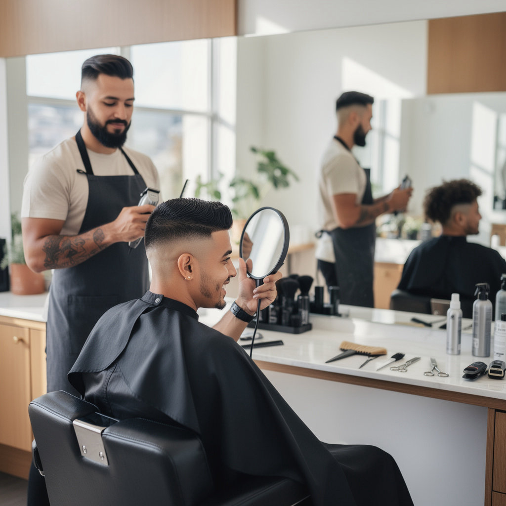 Uptown Barber Shop skilled Latino barber providing a precision haircut in Santa Barbara, CA